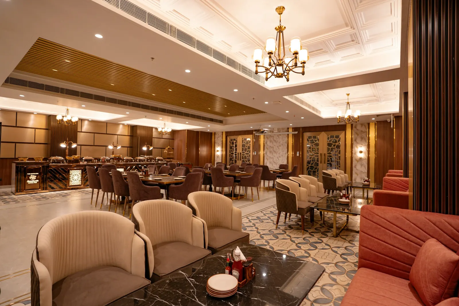 Elegant hotel restaurant lounge with warm lighting